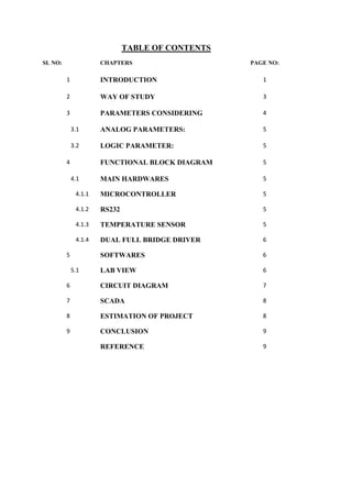 TABLE OF CONTENTS
SL NO: CHAPTERS PAGE NO:
1 INTRODUCTION 1
2 WAY OF STUDY 3
3 PARAMETERS CONSIDERING 4
3.1 ANALOG PARAMETERS: 5
3.2 LOGIC PARAMETER: 5
4 FUNCTIONAL BLOCK DIAGRAM 5
4.1 MAIN HARDWARES 5
4.1.1 MICROCONTROLLER 5
4.1.2 RS232 5
4.1.3 TEMPERATURE SENSOR 5
4.1.4 DUAL FULL BRIDGE DRIVER 6
5 SOFTWARES 6
5.1 LAB VIEW 6
6 CIRCUIT DIAGRAM 7
7 SCADA 8
8 ESTIMATION OF PROJECT 8
9 CONCLUSION 9
REFERENCE 9
 