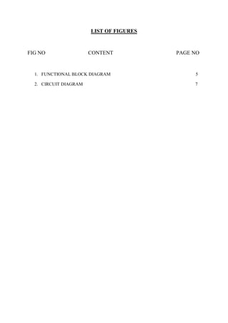 LIST OF FIGURES
FIG NO CONTENT PAGE NO
1. FUNCTIONAL BLOCK DIAGRAM 5
2. CIRCUIT DIAGRAM 7
 