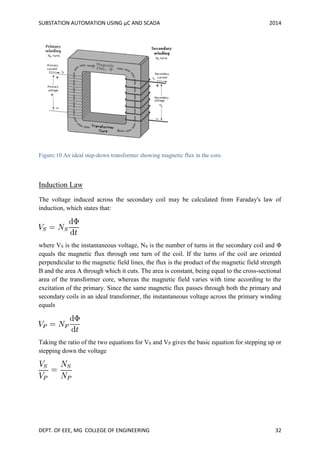 SUBSTATION AUTOMATION USING µC AND SCADA 2014
DEPT. OF EEE, MG COLLEGE OF ENGINEERING 32
Figure:10 An ideal step-down transformer showing magnetic flux in the core.
Induction Law
The voltage induced across the secondary coil may be calculated from Faraday's law of
induction, which states that:
where VS is the instantaneous voltage, NS is the number of turns in the secondary coil and Φ
equals the magnetic flux through one turn of the coil. If the turns of the coil are oriented
perpendicular to the magnetic field lines, the flux is the product of the magnetic field strength
B and the area A through which it cuts. The area is constant, being equal to the cross-sectional
area of the transformer core, whereas the magnetic field varies with time according to the
excitation of the primary. Since the same magnetic flux passes through both the primary and
secondary coils in an ideal transformer, the instantaneous voltage across the primary winding
equals
Taking the ratio of the two equations for VS and VP gives the basic equation for stepping up or
stepping down the voltage
 