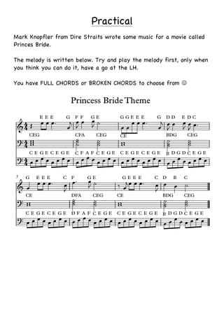 Practical
Mark Knopfler from Dire Straits wrote some music for a movie called
Princes Bride.
The melody is written below. Try and play the melody first, only when
you think you can do it, have a go at the LH.
You have FULL CHORDS or BROKEN CHORDS to choose from J
 