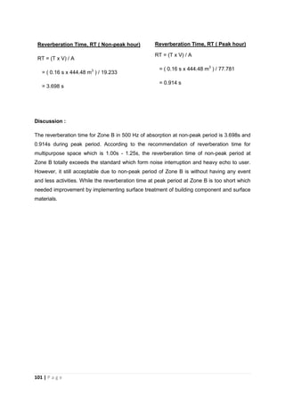 101 | P a g e
Discussion :
The reverberation time for Zone B in 500 Hz of absorption at non-peak period is 3.698s and
0.914s during peak period. According to the recommendation of reverberation time for
multipurpose space which is 1.00s - 1.25s, the reverberation time of non-peak period at
Zone B totally exceeds the standard which form noise interruption and heavy echo to user.
However, it still acceptable due to non-peak period of Zone B is without having any event
and less activities. While the reverberation time at peak period at Zone B is too short which
needed improvement by implementing surface treatment of building component and surface
materials.
Reverberation Time, RT ( Non-peak hour)
RT = (T x V) / A
= ( 0.16 s x 444.48 m3
) / 19.233
= 3.698 s
Reverberation Time, RT ( Peak hour)
RT = (T x V) / A
= ( 0.16 s x 444.48 m3
) / 77.781
= 0.914 s
 