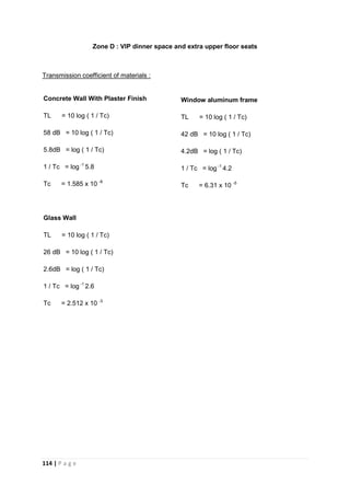 114 | P a g e
Zone D : VIP dinner space and extra upper floor seats
Transmission coefficient of materials :
Concrete Wall With Plaster Finish
TL = 10 log ( 1 / Tc)
58 dB = 10 log ( 1 / Tc)
5.8dB = log ( 1 / Tc)
1 / Tc = log -1
5.8
Tc = 1.585 x 10 -6
Glass Wall
TL = 10 log ( 1 / Tc)
26 dB = 10 log ( 1 / Tc)
2.6dB = log ( 1 / Tc)
1 / Tc = log -1
2.6
Tc = 2.512 x 10 -3
Window aluminum frame
TL = 10 log ( 1 / Tc)
42 dB = 10 log ( 1 / Tc)
4.2dB = log ( 1 / Tc)
1 / Tc = log -1
4.2
Tc = 6.31 x 10 -5
 