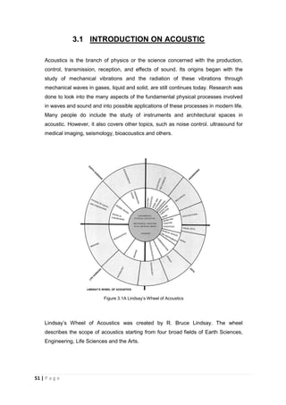 51 | P a g e
3.1 INTRODUCTION ON ACOUSTIC
Acoustics is the branch of physics or the science concerned with the production,
control, transmission, reception, and effects of sound. Its origins began with the
study of mechanical vibrations and the radiation of these vibrations through
mechanical waves in gases, liquid and solid, are still continues today. Research was
done to look into the many aspects of the fundamental physical processes involved
in waves and sound and into possible applications of these processes in modern life.
Many people do include the study of instruments and architectural spaces in
acoustic. However, it also covers other topics, such as noise control. ultrasound for
medical imaging, seismology, bioacoustics and others.
Figure 3.1A Lindsay’s Wheel of Acoustics
Lindsay’s Wheel of Acoustics was created by . Bruce Lindsay. The wheel
describes the scope of acoustics starting from four broad fields of Earth Sciences,
Engineering, Life Sciences and the Arts.
 