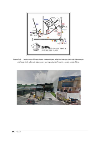 64 | P a g e
Figure 3.4B : Location map of Ruang shows the event space is far from the area (red circle) like mosque
and futsal which will create a permanent and high volume of noise in a certain period of time.
 