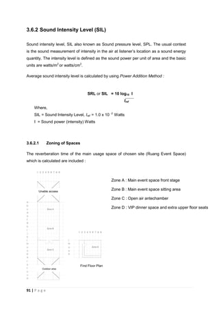 91 | P a g e
3.6.2 Sound Intensity Level (SIL)
Sound intensity level, SIL also known as Sound pressure level, SPL. The usual context
is the sound measurement of intensity in the air at listener’s location as a sound energy
quantity. The intensity level is defined as the sound power per unit of area and the basic
units are watts/m2
or watts/cm2
.
Average sound intensity level is calculated by using Power Addition Method :
SRL or SIL = 10 log10 I
Iref
Where,
SIL = Sound Intensity Level, Iref = 1.0 x 10 -2
Watts
I = Sound power (intensity) Watts
3.6.2.1 Zoning of Spaces
The reverberation time of the main usage space of chosen site (Ruang Event Space)
which is calculated are included :
Unable access
area
Outdoor area
First Floor Plan
Zone A : Main event space front stage
Zone B : Main event space sitting area
Zone C : Open air antechamber
Zone D : VIP dinner space and extra upper floor seats
 