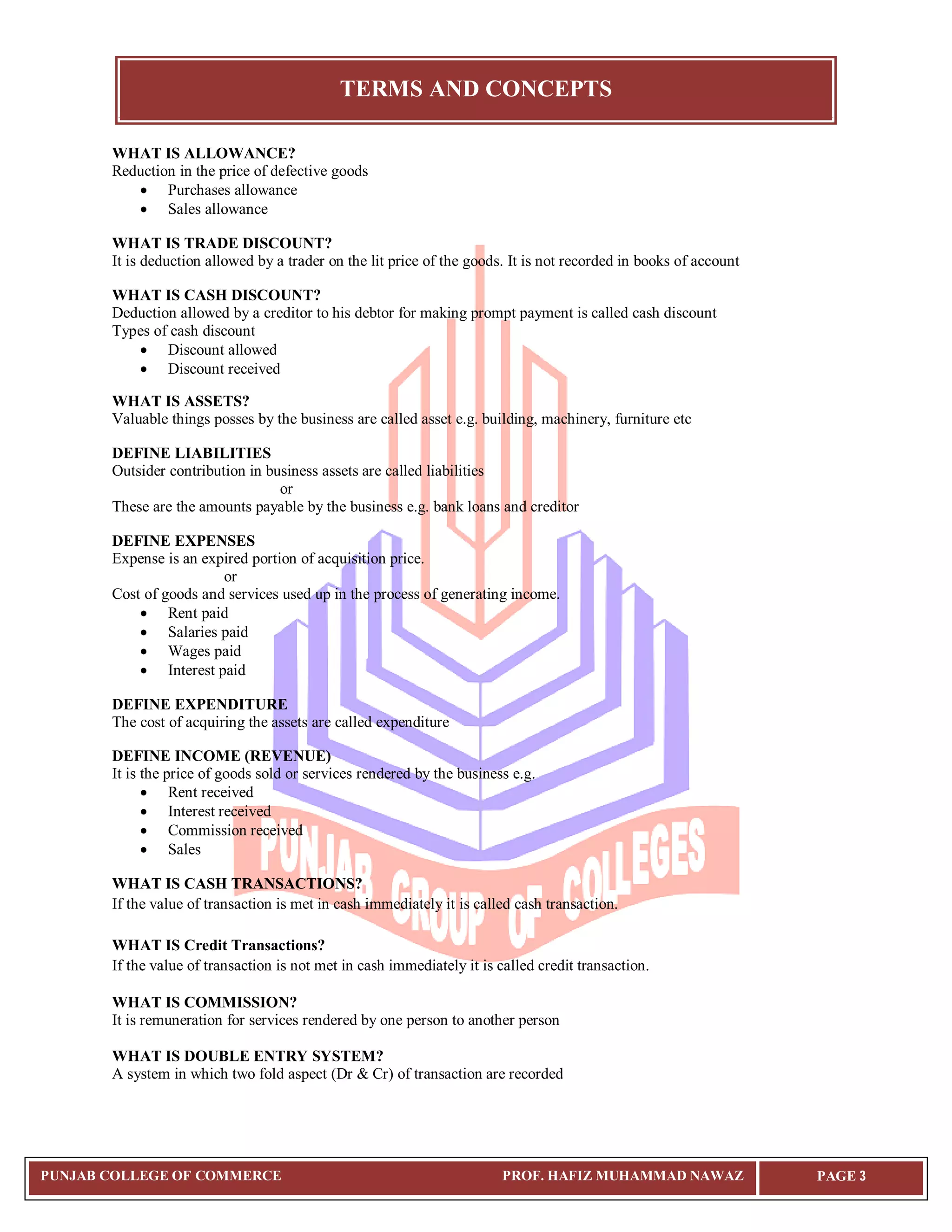 TERMS AND CONCEPTS
PUNJAB COLLEGE OF COMMERCE PROF. HAFIZ MUHAMMAD NAWAZ PAGE 3
WHAT IS ALLOWANCE?
Reduction in the price of defective goods
 Purchases allowance
 Sales allowance
WHAT IS TRADE DISCOUNT?
It is deduction allowed by a trader on the lit price of the goods. It is not recorded in books of account
WHAT IS CASH DISCOUNT?
Deduction allowed by a creditor to his debtor for making prompt payment is called cash discount
Types of cash discount
 Discount allowed
 Discount received
WHAT IS ASSETS?
Valuable things posses by the business are called asset e.g. building, machinery, furniture etc
DEFINE LIABILITIES
Outsider contribution in business assets are called liabilities
or
These are the amounts payable by the business e.g. bank loans and creditor
DEFINE EXPENSES
Expense is an expired portion of acquisition price.
or
Cost of goods and services used up in the process of generating income.
 Rent paid
 Salaries paid
 Wages paid
 Interest paid
DEFINE EXPENDITURE
The cost of acquiring the assets are called expenditure
DEFINE INCOME (REVENUE)
It is the price of goods sold or services rendered by the business e.g.
 Rent received
 Interest received
 Commission received
 Sales
WHAT IS CASH TRANSACTIONS?
If the value of transaction is met in cash immediately it is called cash transaction.
WHAT IS Credit Transactions?
If the value of transaction is not met in cash immediately it is called credit transaction.
WHAT IS COMMISSION?
It is remuneration for services rendered by one person to another person
WHAT IS DOUBLE ENTRY SYSTEM?
A system in which two fold aspect (Dr & Cr) of transaction are recorded
 