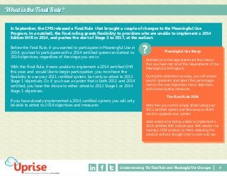 In September, the CMS released a Final Rule that brought a couple of changes to the Meaningful Use 
Program. In a nutshell, the final ruling grants flexibility to providers who are unable to implement a 2014 
Edition EHR in 2014, and pushes the start of Stage 3 to 2017, at the earliest. 
Before the Final Rule, if you wanted to participate in Meaningful Use in 
2014, you had to participate with a 2014 certified system and attest to 
2014 objectives, regardless of the stage you are in. 
With the Final Rule, if were unable to implement a 2014 certified EHR 
this year, and would like to begin participation, you now have the 
flexibility to use your 2011 certified system, but only to attest to 2013 
Stage 1 objectives. Or, if you have a system that is both 2011 and 2014 
certified, you have the choice to either attest to 2013 Stage 1 or 2014 
Stage 1 objectives. 
If you have already implemented a 2014 certified system, you will only 
be able to attest to 2014 objectives and measures. 
Meaningful Use Recap 
Attestation is the legal statement that shows 
that you have met all of the requirements of the 
Meaningful Use Program. 
During the attestation process, you will answer 
yes/no questions and report the percentages 
met on the core objectives, menu objectives, 
and clinical quality measures. 
The Final Rule 2014 
Note that you cannot simply attest using your 
2011 certified system just because you didn’t 
want to upgrade your system. 
Valid reasons for being unable to implement a 
2014 certified EHR include your EHR vendor not 
having a 2014 product, or them releasing the 
product without enough time to train and use. 
Understanding The Final Rule and Meaningful Use Changes 
Whatt iss thee FiFinall Rulee? 
? 
4 
 