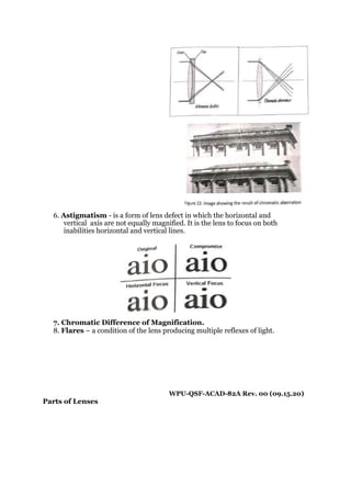6. Astigmatism - is a form of lens defect in which the horizontal and
vertical axis are not equally magnified. It is the lens to focus on both
inabilities horizontal and vertical lines.
7. Chromatic Difference of Magnification.
8. Flares – a condition of the lens producing multiple reflexes of light.
WPU-QSF-ACAD-82A Rev. 00 (09.15.20)
Parts of Lenses
 