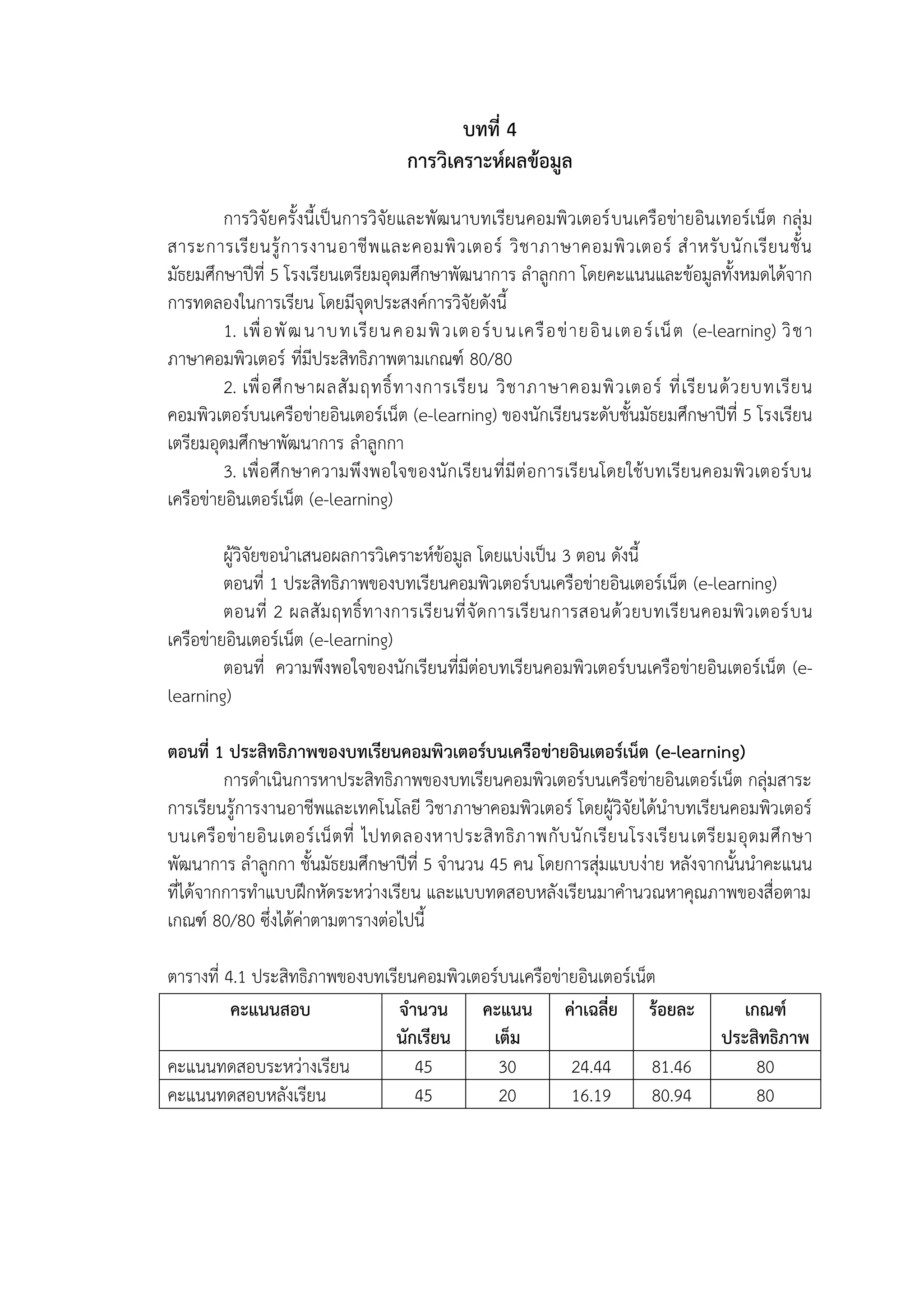 บทที่ 4
การวิเคราะห์ผลข้อมูล
การวิจัยครั้งนี้เป็นการวิจัยและพัฒนาบทเรียนคอมพิวเตอร์บนเครือข่ายอินเทอร์เน็ต กลุ่ม
สาระการเรียนรู้การงานอาชีพและคอมพิวเตอร์ วิชาภาษาคอมพิวเตอร์ สาหรับนักเรียนชั้น
มัธยมศึกษาปีที่ 5 โรงเรียนเตรียมอุดมศึกษาพัฒนาการ ลาลูกกา โดยคะแนนและข้อมูลทั้งหมดได้จาก
การทดลองในการเรียน โดยมีจุดประสงค์การวิจัยดังนี้
1. เพื่อพัฒนาบทเรียนคอมพิวเตอร์บนเครือข่ายอินเตอร์เน็ต (e-learning) วิชา
ภาษาคอมพิวเตอร์ ที่มีประสิทธิภาพตามเกณฑ์ 80/80
2. เพื่อศึกษาผลสัมฤทธิ์ทางการเรียน วิชาภาษาคอมพิวเตอร์ ที่เรียนด้วยบทเรียน
คอมพิวเตอร์บนเครือข่ายอินเตอร์เน็ต (e-learning) ของนักเรียนระดับชั้นมัธยมศึกษาปีที่ 5 โรงเรียน
เตรียมอุดมศึกษาพัฒนาการ ลาลูกกา
3. เพื่อศึกษาความพึงพอใจของนักเรียนที่มีต่อการเรียนโดยใช้บทเรียนคอมพิวเตอร์บน
เครือข่ายอินเตอร์เน็ต (e-learning)
ผู้วิจัยขอนาเสนอผลการวิเคราะห์ข้อมูล โดยแบ่งเป็น 3 ตอน ดังนี้
ตอนที่ 1 ประสิทธิภาพของบทเรียนคอมพิวเตอร์บนเครือข่ายอินเตอร์เน็ต (e-learning)
ตอนที่ 2 ผลสัมฤทธิ์ทางการเรียนที่จัดการเรียนการสอนด้วยบทเรียนคอมพิวเตอร์บน
เครือข่ายอินเตอร์เน็ต (e-learning)
ตอนที่ ความพึงพอใจของนักเรียนที่มีต่อบทเรียนคอมพิวเตอร์บนเครือข่ายอินเตอร์เน็ต (e-
learning)
ตอนที่ 1 ประสิทธิภาพของบทเรียนคอมพิวเตอร์บนเครือข่ายอินเตอร์เน็ต (e-learning)
การดาเนินการหาประสิทธิภาพของบทเรียนคอมพิวเตอร์บนเครือข่ายอินเตอร์เน็ต กลุ่มสาระ
การเรียนรู้การงานอาชีพและเทคโนโลยี วิชาภาษาคอมพิวเตอร์ โดยผู้วิจัยได้นาบทเรียนคอมพิวเตอร์
บนเครือข่ายอินเตอร์เน็ตที่ ไปทดลองหาประสิทธิภาพกับนักเรียนโรงเรียนเตรียมอุดมศึกษา
พัฒนาการ ลาลูกกา ชั้นมัธยมศึกษาปีที่ 5 จานวน 45 คน โดยการสุ่มแบบง่าย หลังจากนั้นนาคะแนน
ที่ได้จากการทาแบบฝึกหัดระหว่างเรียน และแบบทดสอบหลังเรียนมาคานวณหาคุณภาพของสื่อตาม
เกณฑ์ 80/80 ซึ่งได้ค่าตามตารางต่อไปนี้
ตารางที่ 4.1 ประสิทธิภาพของบทเรียนคอมพิวเตอร์บนเครือข่ายอินเตอร์เน็ต
คะแนนสอบ จานวน
นักเรียน
คะแนน
เต็ม
ค่าเฉลี่ย ร้อยละ เกณฑ์
ประสิทธิภาพ
คะแนนทดสอบระหว่างเรียน 45 30 24.44 81.46 80
คะแนนทดสอบหลังเรียน 45 20 16.19 80.94 80
 