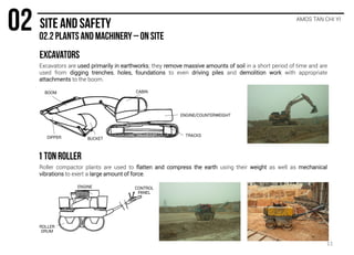 Excavators are used primarily in earthworks; they remove massive amounts of soil in a short period of time and are
used from digging trenches, holes, foundations to even driving piles and demolition work with appropriate
attachments to the boom.
AMOS TAN CHI YI
CABIN
ENGINE/COUNTERWEIGHT
TRACKS
BUCKETDIPPER
BOOM
Roller compactor plants are used to flatten and compress the earth using their weight as well as mechanical
vibrations to exert a large amount of force.
ROLLER
DRUM
ENGINE CONTROL
PANEL
11
 