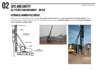 Pile drivers are machines that are used to drive piles into the earth during the construction of the foundation. There
are many types of pile drivers in use. The hydraulic hammer uses a hydraulic piston to hammer the pile repeatedly
until it reaches a suitable depth.
AMOS TAN CHI YI
TOP SHEAVE
PILE
BACK STAY
HYDRAULIC
PILE DRIVER
LEADER
CABIN
ENGINE/
COUNTERWEIGHT
13
 