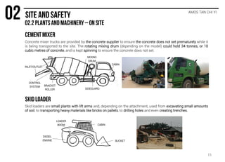 Concrete mixer trucks are provided by the concrete supplier to ensure the concrete does not set prematurely while it
is being transported to the site. The rotating mixing drum (depending on the model) could hold 34 tonnes, or 10
cubic metres of concrete, and is kept spinning to ensure the concrete does not set.
AMOS TAN CHI YI
Skid loaders are small plants with lift arms and, depending on the attachment, used from excavating small amounts
of soil, to transporting heavy materials like bricks on pallets, to drilling holes and even creating trenches.
CABIN
SIDEGUARD
MIXING
DRUM
BRACKET
ROLLER
INLET/OUTLET
CONTROL
SYSTEM
LOADER
BOOM
BUCKET
CABIN
DIESEL
ENGINE
15
 