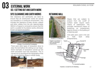 BENJAMIN CHENG JIA YEOW
Site clearance and earthworks are done to
ensure that all construction works be carried
out smoothly in a conducive environment. This
includes the clearance of trees, shrubs, rubbish
and other rubbles from the site. Approximately
300mm of topsoil is removed to ensure that the
earth is suitable for foundation works, otherwise
known as topsoil excavation.
There were other types of excavation done to
clear the land before the setting out can begin.
Some examples of excavation carried out are
earth excavation and rock excavation. This is
carried out to reconfigure the topography of the
site, also stabilizing slopes in certain areas.
Slopes that are subject to
erosion from the runoff of
surface water require some
means of stabilization. The
principle mechanical means of
protecting an embankment
against erosion is the building of
a retaining wall.
Crib walls were used in the site
to hold back steep
embankments.
FIGURE 3.1.5: AFTER SITE CLEARANCE
FIGURE 3.1.6: CRIB WALL
Topsoil
Excavated
face
Granular fill
Precast
concrete
Concrete foundation
Drainage
Height in accordance
with manufacturer’s
requirements.
FIGURE 3.1.7: EXCAVATIONS
FIGURE 3.1.8: SKETCH OF CRIB WALL 17
 