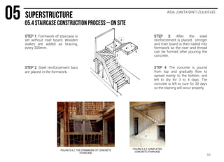 AIDA JUNITA BINTI ZULKIFLEE
FIGURE 5.4.2: THE FORMWORK OF CONCRETE
STAIRCASE
FIGURE 5.4.3: COMPLETED
CONCRETE STAIRCASE
STEP 1: Formwork of staircase is
set without riser board. Wooden
stakes are added as bracing,
every 300mm.
STEP 2: Steel reinforcement bars
are placed in the formwork.
STEP 4: The concrete is poured
from top and gradually flow to
spread evenly to the bottom, and
left to dry for 3 to 4 days. The
concrete is left to cure for 30 days
so the staining will occur properly.
STEP 3: After the steel
reinforcement is placed, stringer
and riser board is then nailed into
formwork so the riser and thread
can be formed after pouring the
concrete.
1
2
3
4
46
 