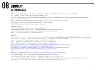 WALL
Brick Construction. (2005) (1st ed., pp. 1-19). North Carolina. Retrieved from http://www.pinehallbrick.com/userfiles/constructionguide_000.pdf
Ching, F., & Adams, C. (2001). Building construction illustrated. New York: Wiley.
DIY,. (2013). All About Ceiling and Wall Construction. Retrieved 18 September 2015, from http://www.diynetwork.com/how-to/rooms-and-spaces/walls-and-ceilings/all-
about-ceiling-and-wall-construction
Mishra, G. (2014). WALLS- TYPES, FEATURES AND DESIGN CONCEPT. The Constructor. Retrieved 18 September 2015, from
http://theconstructor.org/building/buildings/walls-types-features-and-design-concept/819/
Seeley, I. (1995). Building technology. Houndmills, Basingstoke: Macmillan.
STAIRCASE & DOORS
Ching, F., & Adams, C. (2001). Building construction illustrated. New York: Wiley.
Chudley, R., Greeno, R., Hurst, M., Topliss, S. (2011). Construction technology. Essex: Pearson Education Limited.
Chudley, R., Greeno, R. (2004). Advanced construction technology. Essex: Pearson Education Limited.
Neufert, E. (2012). Neufert Architects' data. Oxford: Blackwell Science.
WINDOWS
The Purpose Of A Lintel Over A Window Is To? (n.d.). Retrieved October 17, 2015, from http://home-garden.blurtit.com/808962/the-purpose-of-a-lintel-over-a-window-is-to
Ching, F., & Adams, C. (2008). 8.22 - Window Elements. In Building construction illustrated (4th ed., p. 293). New York: Wiley.
Parker, H., & Ambrose, J. (1991). Simplified design of concrete structures (6th ed.). New York: Wiley.
Neufert, E. (2012). Glass. In Neufert Architects' data (Fourth ed., p. 104). Oxford: Blackwell Science.
Neufert, E. (2012). Windows. In Neufert Architects' data (Fourth ed., p. 96). Oxford: Blackwell Science.
Building Contruction I. (2015, July 13). Retrieved October 17, 2015, from http://www.slideshare.net/jernjack/building-contruction-i-
50453012?ref=https://www.slideshare.net/slideshow/embed_code/key/4WmlXborUMw318
BCON Report. (2014, December 13). Retrieved October 17, 2015, from http://www.slideshare.net/eugenepeng52/bcon-report-
42669612?ref=http://jsernphua.blogspot.my/2014/12/building-construction-1a-site-analysis.html
ROOFS
Roof Styles. (n.d.). Retrieved October 18, 2015, from http://www.roofapedia.com/Roof-Info-Centre/1/Roof-Styles.aspx
(n.d.). Retrieved October 18, 2015, from http://encyclopedia2.thefreedictionary.com/mono-pitched roof
Parker Roofing. (n.d.). Retrieved October 18, 2015, from http://parkerroofing.net/what-is-a-mono-pitched-roof/
The Product Types Ontology: Class Definition for "Mono-pitched roof" (n.d.). Retrieved October 18, 2015, from http://www.productontology.org/id/Mono-pitched_roof
Roof system types. (n.d.). Retrieved October 18, 2015, from http://www.everybodyneedsaroof.com/roof-system-types
65
 