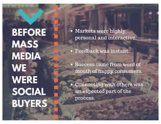 BEFORE
MASS
MEDIA
WE
WERE
SOCIAL
BUYERS
Markets were highly
personal and interactive.
Feedback was instant.
Success came f...