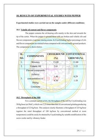20 | P a g e
10. RESULTS OF EXPERIMENTAL STUDIES WITH PEPPER
Experimental studies were carried out on the samples under different conditions:
10.1 Volatile oil content and flavor components
The pepper contains the oil-bearing cells mainly in the skin and towards the
tip of the cortex. When the pepper is ground these cells are broken and volatile oils and
flavour components evaporate causing aroma. In CryoGrinding higher percentage of oils
and flavor components are retained when compared with conventionally ground products.
The comparison is shown below.
SL.
NO.
COMPONENTS
CRYOGROUND
(%)
CONVENTIONAL
GROUND (%)
1. Moisture 13.00 11.00
2. Volatile Oil 2.61 1.15
3.
Flavour compounds
(relative
concentration) -
Pining
Limonene
1.40
8.30
0.29
1.18
10.2 Throughput of the Mill
For a constant current of 6A, the throughput of the mill by CryoGrinding was
50 Kg/hour (at-50oC), which was 2.25 times than that of conventional grinding producing
a throughput of 22 Kg/hour. This analysis clearly illustrates a throughput of 225 kg/hour
(against the rated throughput of 100 kg/hour by conventional method at room
temperature) could be easily be attained by CryoGrinding by suitable modification of the
screw cooler and by vibratory feeder.
 