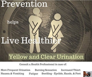Prevention
helps
Yellow and Clear Urination
Burning Sensation Increased Thisrt
Consult a Health Professional in case of:
Nausea & Vomiting
More Frequent Urination
Swelling - Eyelids, Hands, & FeetFatigue
Live Healthier
 