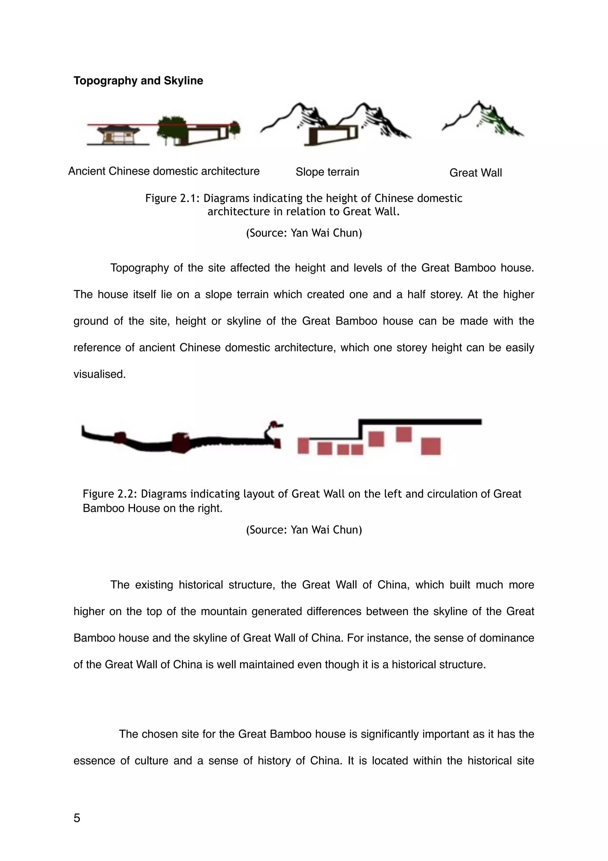 Topography and Skyline
Topography of the site affected the height and levels of the Great Bamboo house.
The house itself lie on a slope terrain which created one and a half storey. At the higher
ground of the site, height or skyline of the Great Bamboo house can be made with the
reference of ancient Chinese domestic architecture, which one storey height can be easily
visualised.
The existing historical structure, the Great Wall of China, which built much more
higher on the top of the mountain generated differences between the skyline of the Great
Bamboo house and the skyline of Great Wall of China. For instance, the sense of dominance
of the Great Wall of China is well maintained even though it is a historical structure.
The chosen site for the Great Bamboo house is signiﬁcantly important as it has the
essence of culture and a sense of history of China. It is located within the historical site
5
Ancient Chinese domestic architecture Slope terrain Great Wall
Figure 2.2: Diagrams indicating layout of Great Wall on the left and circulation of Great
Bamboo House on the right.
(Source: Yan Wai Chun)
Figure 2.1: Diagrams indicating the height of Chinese domestic
architecture in relation to Great Wall.
(Source: Yan Wai Chun)
 