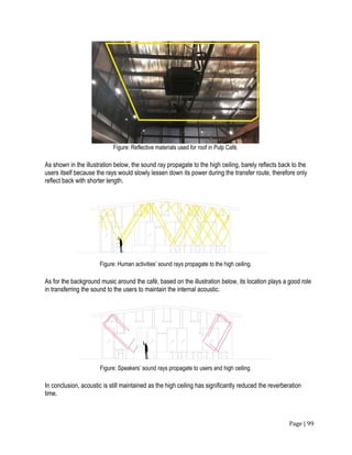 Page | 99
Figure: Reflective materials used for roof in Pulp Café.
As shown in the illustration below, the sound ray propagate to the high ceiling, barely reflects back to the
users itself because the rays would slowly lessen down its power during the transfer route, therefore only
reflect back with shorter length.
Figure: Human activities’ sound rays propagate to the high ceiling.
As for the background music around the café, based on the illustration below, its location plays a good role
in transferring the sound to the users to maintain the internal acoustic.
Figure: Speakers’ sound rays propagate to users and high ceiling.
In conclusion, acoustic is still maintained as the high ceiling has significantly reduced the reverberation
time.
 