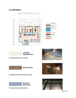 Page | 20
2.4.3 MATERIALS
Laminated woodblock on solid floor
Laminated wood Kitchen Shelves and wall
Twin wall reinforced plastic panels
Laminated
Woodblock Floor
Wood Panel Wall
Reinforced
Plastic Panel
 