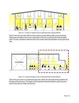 Page | 31
Figure 2.5.1.1.1 Section A-A diagram of Zone A showing light fixtures and light distribution
Zone A is the main area of the café for serving customer purpose. Making coffee counter and dessert
display area are located at here as well. Large surface of this zone is covered by the reinforced plastic
panel. This semi- transparent material let some of the outside natural light penetrates into this public dining
area.
Figure 2.5.1.1.2 Section B-B diagram of Zone A showing light fixtures and light distribution
Some of the part of zone A is covered by the glass wall, it allows the natural light directly penetrates into
the space of the dining area. This diagram is also showing the relationship between public dining area
(Zone A) and café room divider area (Zone B).
 