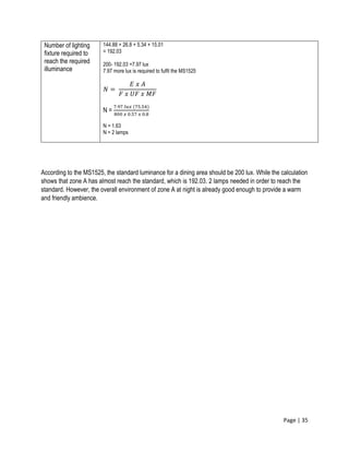 Page | 35
According to the MS1525, the standard luminance for a dining area should be 200 lux. While the calculation
shows that zone A has almost reach the standard, which is 192.03. 2 lamps needed in order to reach the
standard. However, the overall environment of zone A at night is already good enough to provide a warm
and friendly ambience.
Number of lighting
fixture required to
reach the required
illuminance
144.88 + 26.8 + 5.34 + 15.01
= 192.03
200- 192.03 =7.97 lux
7.97 more lux is required to fulfil the MS1525
𝑁 =
𝐸 𝑥 𝐴
𝐹 𝑥 𝑈𝐹 𝑥 𝑀𝐹
N =
7.97 𝑙𝑢𝑥 (75.54)
800 𝑥 0.57 𝑥 0.8
N = 1.63
N = 2 lamps
 