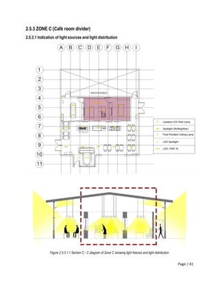 Page | 41
2.5.3 ZONE C (Café room divider)
2.5.3.1 Indication of light sources and light distribution
Figure 2.5.3.1.1 Section C - C diagram of Zone C showing light fixtures and light distribution
 