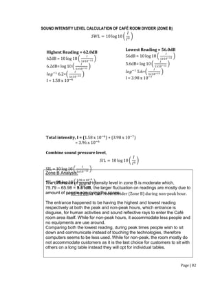 Page | 82
SOUND INTENSITY LEVEL CALCULATION OF CAFÉ ROOM DIVIDER (ZONE B)
𝑆𝑊𝐿 = 10 log 10 (
𝐼
𝐼0
)
Highest Reading = 62.0dB
62dB = 10 log 10 (
𝐼
1𝑥10−12
)
6.2dB= log 10 (
𝐼
1𝑥10−12 )
𝑙𝑜𝑔−1
6.2=(
𝐼
1𝑥10−12 )
I = 1.58 x 10−6
Lowest Reading = 56.0dB
56dB = 10 log 10 (
𝐼
1𝑥10−12
)
5.6dB= log 10 (
𝐼
1𝑥10−12
)
𝑙𝑜𝑔−1
5.6=(
𝐼
1𝑥10−12
)
I = 3.98 x 10−7
Total intensity, I = (1.58 x 10−6
) + (3.98 x 10−7
)
= 3.96 x 10−6
Combine sound pressure level,
𝑆𝐼𝐿 = 10 log 10 (
𝐼
𝐼0
)
SIL = 10 log 10 (
𝐼
1𝑥10−12
)
SIL = 10 log 10 (
3.96 x 10−6
1𝑥10−12 )
= 65. 98 dB, at Café room divider (Zone B) during non-peak hour.
Zone B Analysis:
The difference of sound intensity level in zone B is moderate which,
75.79 – 65.98 = 9.81dB, the larger fluctuation on readings are mostly due to
amount of people occupying the space.
The entrance happened to be having the highest and lowest reading
respectively at both the peak and non-peak hours, which entrance is
disguise, for human activities and sound reflective rays to enter the Café
room area itself. While for non-peak hours, it accommodate less people and
no equipments are use around.
Comparing both the lowest reading, during peak times people wish to sit
down and communicate instead of touching the technologies, therefore
computers seems to be less used. While for non-peak, the room mostly do
not accommodate customers as it is the last choice for customers to sit with
others on a long table instead they will opt for individual tables.
 