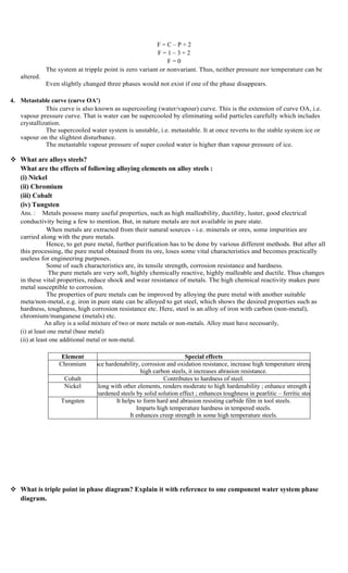 F = C – P + 2
F = 1 – 3 + 2
F = 0
The system at tripple point is zero variant or nonvariant. Thus, neither pressure nor temperature can be
altered.
Even slightly changed three phases would not exist if one of the phase disappears.
4. Metastable curve (curve OA’)
This curve is also known as supercooling (water/vapour) curve. This is the extension of curve OA, i.e.
vapour pressure curve. That is water can be supercooled by eliminating solid particles carefully which includes
crystallization.
The supercooled water system is unstable, i.e. metastable. It at once reverts to the stable system ice or
vapour on the slightest disturbance.
The metastable vapour pressure of super cooled water is higher than vapour pressure of ice.
 What are alloys steels?
What are the effects of following alloying elements on alloy steels :
(i) Nickel
(ii) Chromium
(iii) Cobalt
(iv) Tungsten
Ans. : Metals possess many useful properties, such as high malleability, ductility, luster, good electrical
conductivity being a few to mention. But, in nature metals are not available in pure state.
When metals are extracted from their natural sources - i.e. minerals or ores, some impurities are
carried along with the pure metals.
Hence, to get pure metal, further purification has to be done by various different methods. But after all
this processing, the pure metal obtained from its ore, loses some vital characteristics and becomes practically
useless for engineering purposes.
Some of such characteristics are, its tensile strength, corrosion resistance and hardness.
The pure metals are very soft, highly chemically reactive, highly malleable and ductile. Thus changes
in these vital properties, reduce shock and wear resistance of metals. The high chemical reactivity makes pure
metal susceptible to corrosion.
The properties of pure metals can be improved by alloying the pure metal with another suitable
meta/non-metal, e.g. iron in pure state can be alloyed to get steel, which shows the desired properties such as
hardness, toughness, high corrosion resistance etc. Here, steel is an alloy of iron with carbon (non-metal),
chromium/manganese (metals) etc.
An alloy is a solid mixture of two or more metals or non-metals. Alloy must have necessarily,
(i) at least one metal (base metal)
(ii) at least one additional metal or non-metal.
Element Special effects
ChromiumEnhance hardenability, corrosion and oxidation resistance, increase high temperature strength. In
high carbon steels, it increases abrasion resistance.
Cobalt Contributes to hardness of steel.
Nickel Along with other elements, renders moderate to high hardenability ; enhance strength of
unhardened steels by solid solution effect ; enhances toughness in pearlitic – ferritic steels.
Tungsten It helps to form hard and abrasion resisting carbide film in tool steels.
Imparts high temperature hardness in tempered steels.
It enhances creep strength in some high temperature steels.
 What is triple point in phase diagram? Explain it with reference to one component water system phase
diagram.
 