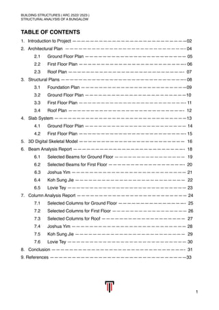 BUILDING STRUCTURES ( ARC 2522/ 2523 )
STRUCTURAL ANALYSIS OF A BUNGALOW
TABLE OF CONTENTS
1. Introduction to Project ——————————————————————————02
2. Architectural Plan ———————————————————————————- 04
2.1 Ground Floor Plan ——————————————————————— 05
2.2 First Floor Plan ————————————————————————- 06
2.3 Roof Plan ——————————————————————————- 07
3. Structural Plans ————————————————————————————- 08
3.1 Foundation Plan ————————————————————————09
3.2 Ground Floor Plan ———————————————————————10
3.3 First Floor Plan ————————————————————————- 11
3.4 Roof Plan ——————————————————————————- 12
4. Slab System ——————————————————————————————13
4.1 Ground Floor Plan ——————————————————————— 14
4.2 First Floor Plan ————————————————————————- 15
5. 3D Digital Skeletal Model ———————————————————————— 16
6. Beam Analysis Report —————————————————————————- 18
6.1 Selected Beams for Ground Floor ———————————————— 19
6.2 Selected Beams for First Floor —————————————————- 20
6.3 Joshua Yim —————————————————————————— 21
6.4 Koh Sung Jie ————————————————————————— 22
6.5 Lovie Tey ——————————————————————————— 23
7. Column Analysis Report ————————————————————————— 24
7.1 Selected Columns for Ground Floor ———————————————- 25
7.2 Selected Columns for First Floor ————————————————— 26
7.3 Selected Columns for Roof ——————————————————— 27
7.4 Joshua Yim —————————————————————————— 28
7.5 Koh Sung Jie ————————————————————————— 29
7.6 Lovie Tey ——————————————————————————— 30
8. Conclusion ——————————————————————————————- 31
9. References ———————————————————————————————33 
1
 