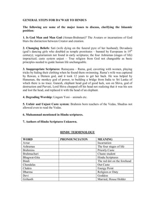 prostitutes with certain Hindu shrines can be traced back to before the Christian 
era. It became more widespread in the post-Gupta times, especially in South 
India, and aroused the reprobation of 19th ±century Europeans. Through the 
efforts of Hindu reformers the office of the devadasis was discontinued.´ (p. 525) 
Bindi, the red dot that many Hindu women wear on the forehead, is an 
auspicious mark and symbol of good fortune. Once worn only by married women, 
bindi can be seen today on girls and women of all ages. Its location, over a 
chakra (energy point), is intended to help focus concentration during meditation. 
Lingam (Sanskrit: ³sign,´ ³distinguishing symbol´), in Hinduism, the phallus, 
symbol of the god Siva, worshipped as an emblem of generative power. The 
linga is the main object of worship in Saivite temples and private family shrines 
throughout India. Anthropomorphic representations of Siva are less commonly 
worshipped. The Yoni, which is the symbol of the female sexual organ (and thus 
of the goddess Parvati consort of Siva), often forms the base of the erect linga; 
the two together are a reminder to the devotee that the male and female 
principles are forever inseparable and that together they represent the totality of 
all existence. 
Suttee (Sanskrit sati, ³true wife´), is a practice that prevailed in India of a widow 
burning herself on the funeral pyre, either with the body of her husband or, if had 
died at a distance, separately. Classical authors mention it as early as 316 BC. It 
appears at first to have been a royal custom and privilege, afterward generalized 
and made legal. The British abolished the custom in 1829, but isolated instances 
persisted in remote parts of India until recent times. In theory the act of suttee 
was voluntary, but in earlier orthodox communities any woman who refused to 
perform it was ostracized. 
Prophet Muhammad (r) in Hindu scriptures 
Etha sminnanthare mletcha acharyena samanwitha 
Mahamada ithikhyadha shishya shakha samanwitham 
(Bhavishya Purana 3:3:3:5) 
³Then a preacher by name Mahammad along with his followers will appear in 
foreign Island.´ 
Ne me viduh sura-ganah prabhavam na maharsayah 
Ahamad-ir hi devanam maharsinam ca sarvasah 
(Bhagavad-gita ch.10 ver.2) 
³Neither the hosts of demigods nor the great sages know my origen, Ahamad is 
the name of a man who will demolish demigods and demi-sages.´ 
 