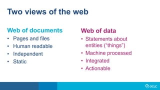 Web of documents
• Pages and files
• Human readable
• Independent
• Static
Two views of the web
Web of data
• Statements about
entities (“things”)
• Machine processed
• Integrated
• Actionable
 