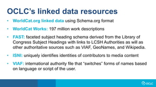 • WorldCat.org linked data using Schema.org format
• WorldCat Works: 197 million work descriptions
• FAST: faceted subject heading schema derived from the Library of
Congress Subject Headings with links to LCSH Authorities as will as
other authoritative sources such as VIAF, GeoNames, and Wikipedia.
• ISNI: uniquely identifies identities of contributors to media content
• VIAF: international authority file that “switches” forms of names based
on language or script of the user.
OCLC’s linked data resources
 
