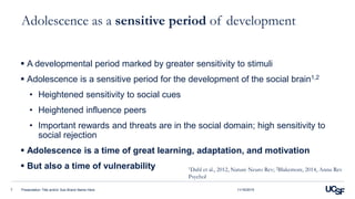 Adolescence as a sensitive period of development
 A developmental period marked by greater sensitivity to stimuli
 Adolescence is a sensitive period for the development of the social brain1,2
• Heightened sensitivity to social cues
• Heightened influence peers
• Important rewards and threats are in the social domain; high sensitivity to
social rejection
 Adolescence is a time of great learning, adaptation, and motivation
 But also a time of vulnerability
Presentation Title and/or Sub Brand Name Here7
1Dahl et al., 2012, Nature Neuro Rev; 2Blakemore, 2014, Annu Rev
Psychol
11/16/2015
 