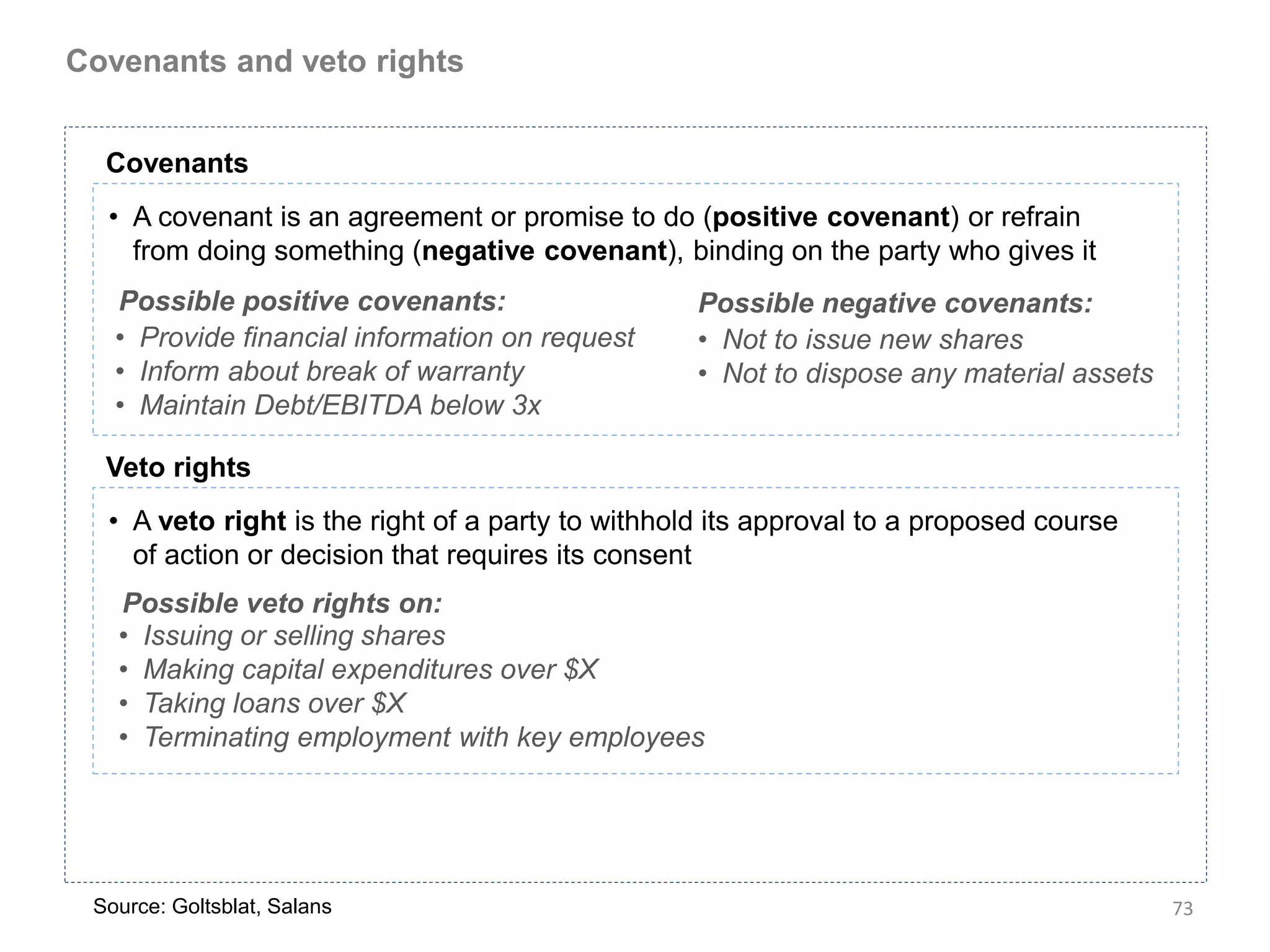 Covenants and veto rights


  Covenants
  • A covenant is an agreement or promise to do (positive covenant) or refrain
    from doing something (negative covenant), binding on the party who gives it
   Possible positive covenants:                    Possible negative covenants:
   • Provide financial information on request      • Not to issue new shares
   • Inform about break of warranty                • Not to dispose any material assets
   • Maintain Debt/EBITDA below 3x

  Veto rights
  • A veto right is the right of a party to withhold its approval to a proposed course
    of action or decision that requires its consent
   Possible veto rights on:
   • Issuing or selling shares
   • Making capital expenditures over $X
   • Taking loans over $X
   • Terminating employment with key employees




 Source: Goltsblat, Salans                                                                73
 
