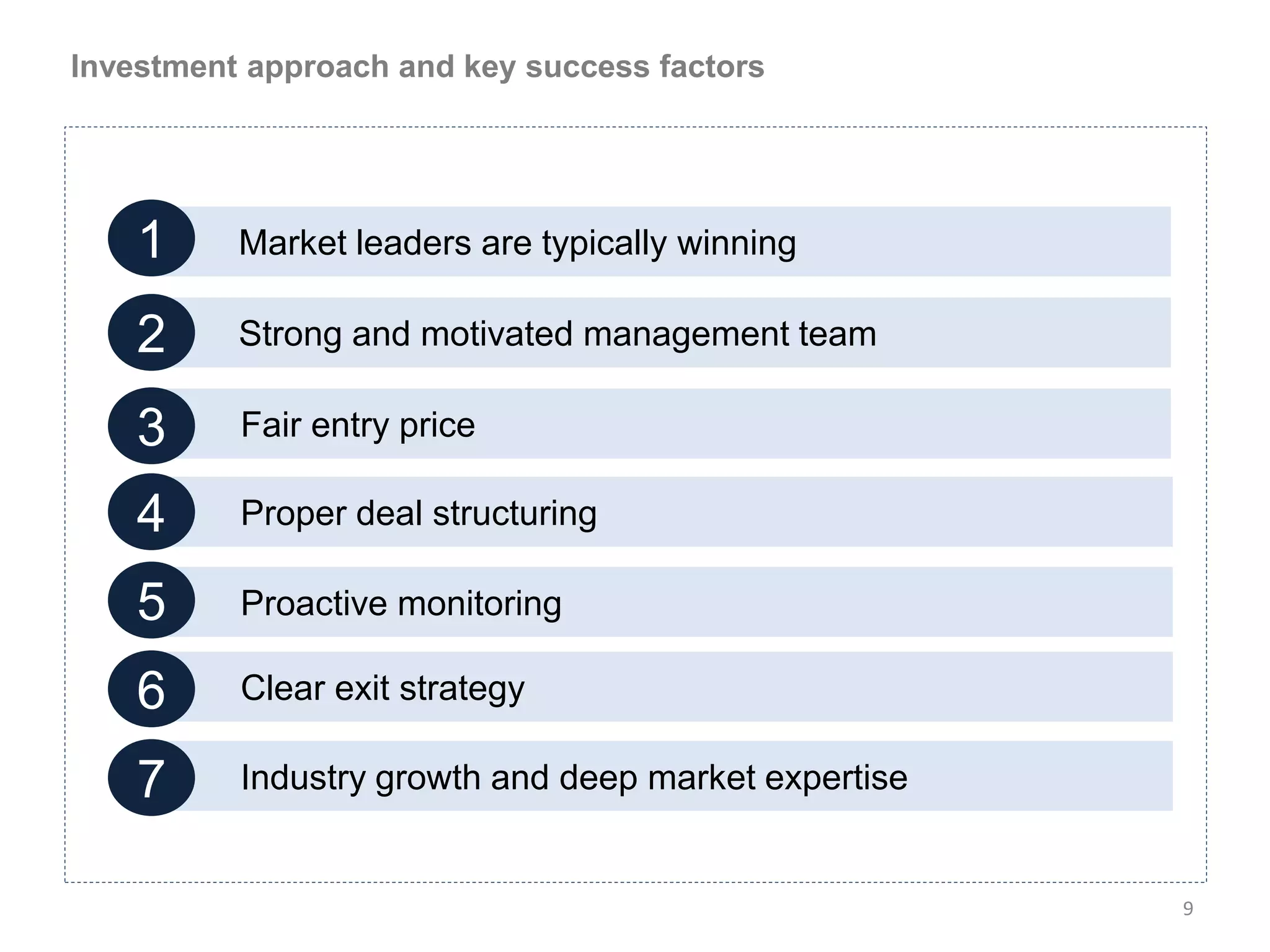 Investment approach and key success factors




    1     Market leaders are typically winning

    2     Strong and motivated management team

    3     Fair entry price

    4     Proper deal structuring

    5     Proactive monitoring

    6     Clear exit strategy

    7     Industry growth and deep market expertise


                                                      9
 