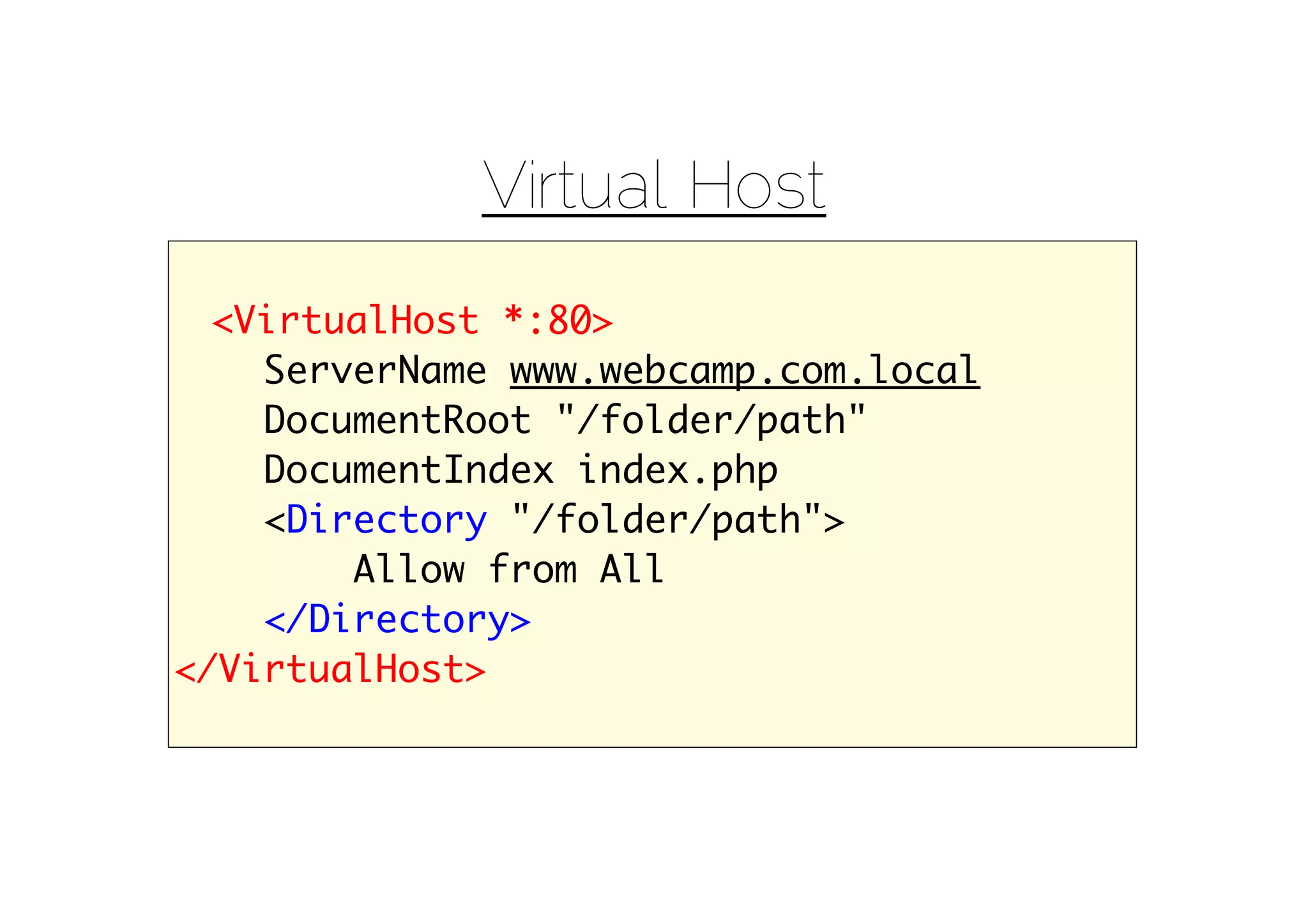 Virtual Host
  <VirtualHost *:80>
    ServerName www.webcamp.com.local
    DocumentRoot "/folder/path"
    DocumentIndex index.php
    <Directory "/folder/path">
        Allow from All
    </Directory>
</VirtualHost>
 