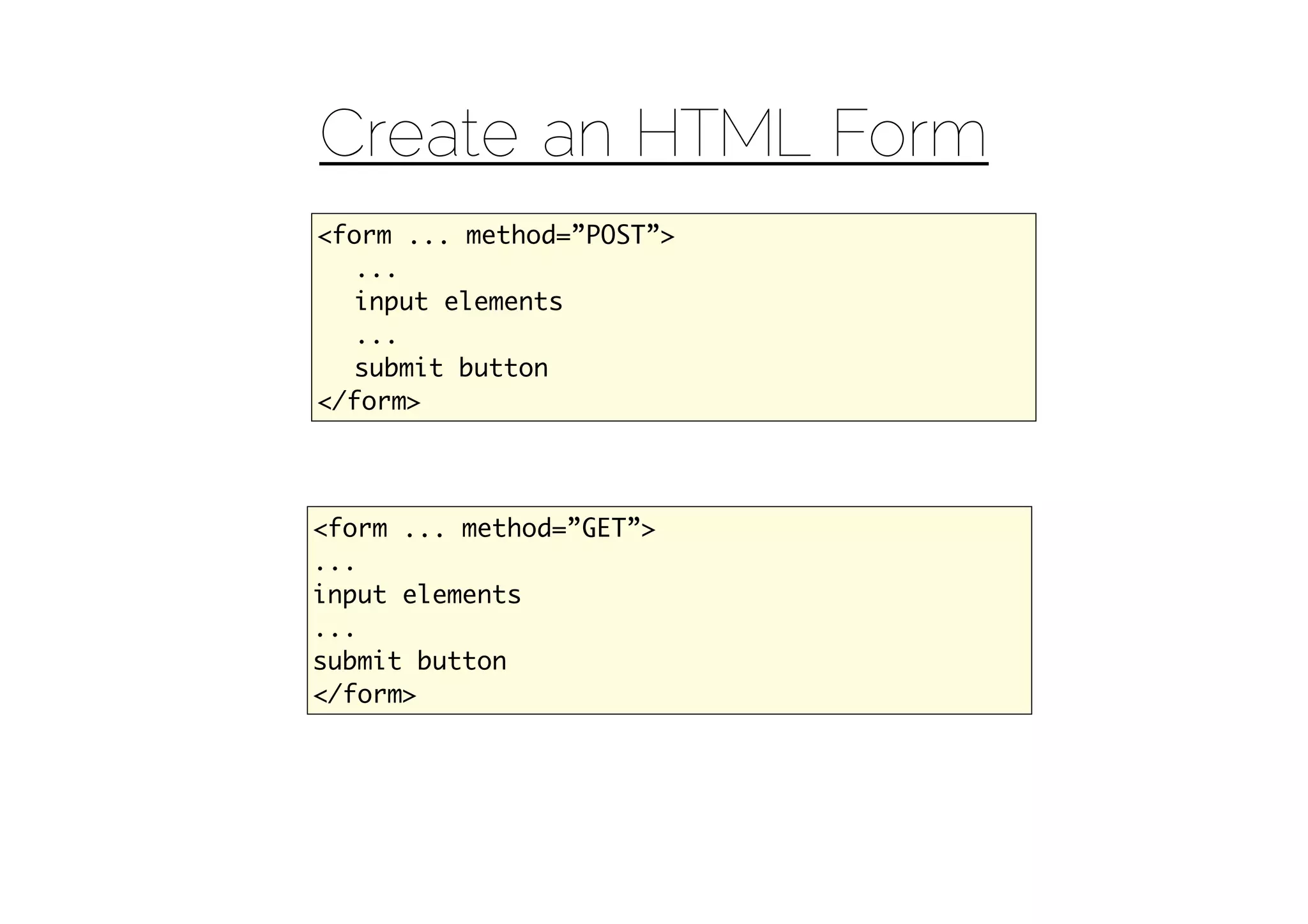 Create an HTML Form
<form ... method=”POST”>
  ...
  input elements
  ...
  submit button
</form>




<form ... method=”GET”>
...
input elements
...
submit button
</form>
 