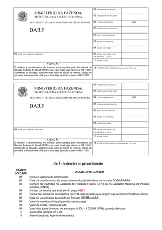 02 PERIODO DE APURAÇÃO
03 NÚMERO DO CPF OU CNPJ
04 CODIGO DA RECEITA 6621
05 NÚMERO DE REFERENCIA
06 DATA DE VENCIMENTO
07 VALOR DO PRINCIPAL
MINISTÉRIO DA FAZENDA
SECRETARIA DA RECEEITA FEDERAL
DOCUMENTO DE ARRECADAÇÃO DE RECEITAS FEDERAIS
DARF
08 VALOR DA MULTA
09 VALOR DOS JUROS E OU
ENCARGOS DL. 1.025/69
01 NOME DA EMPRESA / TELEFONE
10 VALOR TOTAL
ATENÇÃO
É vedado o recolhimento de tributos administrados pela Secretaria da
Receita Federal do Brasil (RFB) cujo valor total seja inferior a R$ 10,00.
Ocorrendo tal situação, adicione esse valor ao tributo de mesmo código de
períodos subseqüentes, até que o total seja igual ou superior a R$ 10,00.
11 AUTENTICAÇÃO BANCARIA (Somente nas 1º e 2º vias)
02 PERIODO DE APURAÇÃO
03 NÚMERO DO CPF OU CNPJ
04 CODIGO DA RECEITA 6621
05 NÚMERO DE REFERENCIA
06 DATA DE VENCIMENTO
07 VALOR DO PRINCIPAL
MINISTÉRIO DA FAZENDA
SECRETARIA DA RECEEITA FEDERAL
DOCUMENTO DE ARRECADAÇÃO DE RECEITAS FEDERAIS
DARF
08 VALOR DA MULTA
09 VALOR DOS JUROS E OU
ENCARGOS DL. 1.025/69
01 NOME DA EMPRESA / TELEFONE
10 VALOR TOTAL
ATENÇÃO
É vedado o recolhimento de tributos administrados pela Secretaria da
Receita Federal do Brasil (RFB) cujo valor total seja inferior a R$ 10,00.
Ocorrendo tal situação, adicione esse valor ao tributo de mesmo código de
períodos subseqüentes, até que o total seja igual ou superior a R$ 10,00.
11 AUTENTICAÇÃO BANCARIA (Somente nas 1º e 2º vias)
Darf - Instruções de preenchimento
CAMPO
DO DARF
O QUE DEVE CONTER
01 Nome e telefone do contribuinte.
02 Data da ocorrência ou do encerramento do período base no formato DD/MM/AAAA.
03 Número de inscrição no Cadastro de Pessoas Físicas (CPF) ou no Cadastro Nacional da Pessoa
Jurídica (CNPJ).
04 Código da receita que está sendo paga. 6621
05 Preencher conforme orientações da RFB para receitas que exigem o preenchimento deste campo.
06 Data de vencimento da receita no formato DD/MM/AAAA.
07 Valor da receita principal que está sendo paga.
08 Valor da multa, quando devida.
09 Valor dos juros de mora, ou encargos do DL - 1.025/69 (PFN), quando devidos.
10 Soma dos campos 07 a 09.
11 Autenticação do Agente Arrecadador.
 