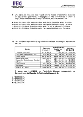 EXAME DE SUFICIÊNCIA
Técnico em Contabilidade
11
9. Uma aplicação financeira para resgate em 12 meses, investimentos avaliados
por equivalência patrimonial, participações de não controladores e salários a
pagar, são classificados no Balanço Patrimonial, respectivamente, em:
a) Ativo Circulante, Ativo Não Circulante, Ativo Não Circulante e Ativo Circulante.
b) Ativo Circulante, Ativo Não Circulante, Patrimônio Líquido e Passivo Circulante.
c) Ativo Não Circulante, Ativo Circulante, Ativo Circulante e Passivo Circulante.
d) Ativo Não Circulante, Ativo Circulante, Patrimônio Líquido e Ativo Circulante.
10. Uma sociedade apresentou o seguinte balancete com as variações do exercício
de 2012:
Contas
Saldo em
31.12.2011
Movimentação
líquida em
2012
Saldo em
31.12.2012
Ações em Tesouraria R$120.000,00 R$0,00 R$120.000,00
Caixa e Equivalentes de Caixa R$4.000,00 R$15.000,00 R$19.000,00
Capital Social R$150.000,00 R$450.000,00 R$600.000,00
Contas a Receber R$27.000,00 R$120.000,00 R$147.000,00
Dividendos Obrigatórios a Distribuir R$0,00 R$112.000,00 R$112.000,00
Estoque R$0,00 R$470.000,00 R$470.000,00
Fornecedores R$1.000,00 R$15.000,00 R$16.000,00
Imobilizado R$80.000,00 (R$8.000,00) R$72.000,00
Reserva de Lucros R$80.000,00 R$20.000,00 R$100.000,00
O saldo, em 31.12.2012, do Patrimônio Líquido, apresentado na
Demonstração da Mutação do Patrimônio Líquido, é de:
a) R$580.000,00.
b) R$780.000,00.
c) R$820.000,00.
d) R$900.000,00.
 