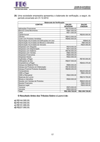 EXAME DE SUFICIÊNCIA
Técnico em Contabilidade
17
20. Uma sociedade empresária apresentou o balancete de verificação, a seguir, do
período encerrado em 31.12.2012.
Balancete de Verificação
CONTAS SALDO
DEVEDOR
SALDO
CREDOR
Aplicações Financeiras R$179.500,00
Bancos Conta Movimento R$87.500,00
Caixa R$11.000,00
Capital Social R$200.000,00
Clientes R$412.500,00
Custo com Produtos Vendidos R$362.500,00
Depreciação Acumulada de Edificações em Uso R$840,00
Depreciação Acumulada de Móveis e Utensílios R$6.000,00
Depreciação Acumulada de Veículos R$24.000,00
Despesas com Aluguéis R$18.000,00
Despesas com Depreciação R$15.420,00
Despesas com Salários R$190.000,00
Despesas com Vendas R$62.500,00
Despesas Financeiras R$36.000,00
Despesas Gerais R$32.000,00
Duplicatas a Pagar R$195.000,00
Edificações de Uso R$247.500,00
Empréstimos a Pagar R$402.375,00
Estoque de Matéria-Prima R$95.000,00
Estoque de Produtos em Elaboração R$130.000,00
Estoque Final de Produtos Acabados R$258.250,00
Fornecedores R$245.000,00
ICMS a Pagar R$83.250,00
ICMS a Recuperar R$22.050,00
Reservas de Lucros R$210.755,00
Móveis e Utensílios R$30.000,00
Receita com Vendas de Produtos R$825.000,00
Receita Financeira R$82.500,00
Reserva Legal R$35.000,00
Terrenos R$70.000,00
Veículos R$50.000,00
Total R$2.309.720,00 R$2.309.720,00
O Resultado Antes dos Tributos Sobre o Lucro é de:
a) R$144.580,00.
b) R$160.000,00.
c) R$191.080,00.
d) R$227.080,00.
 