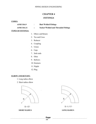 PIPING DESIGN ENGINEERING
CHAPTER 4
FITTINGS
CODES:
ASME B16.9 : Butt Welded Fittings
ASME B16.11 : Socket Welded and Threaded Fittings
TYPES OF FITTINGS:
1. Elbow and Return
2. Tee and Cross
3. Reducer
4. Coupling
5. Union
6. Caps
7. Stub ends
8. Olets
9. Bellows
10. Strainers
11. Nipple
12. Plug
ELBOW AND RETURN:
1. Long radius elbow
2. Short radius elbow
SHORT RADIUS LONG RADIUS
Page
16
 