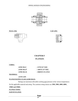 PIPING DESIGN ENGINEERING
PLUG: (TH) CAP: (SW)
CHAPTER 5
FLANGES
CODES:
ASME B16.5 - UPTO 24” SIZE
ASME B16.47 - ABOVE 24” SIZE
ASME B16.36 - ORIFICE FLANGE
MATERIAL:
ASTM A105
FLANGE RATING CLASS (ASME B16.5):
Ratings are maximum allowable working gage pressure at the various temperatures
for the applicable material and rating. The common rating classes are 150#, 300#, 400#, 600#,
1500# and 2500#.
FLANGE TYPES:
SLIP-ON FLANGE:
Page
20
 