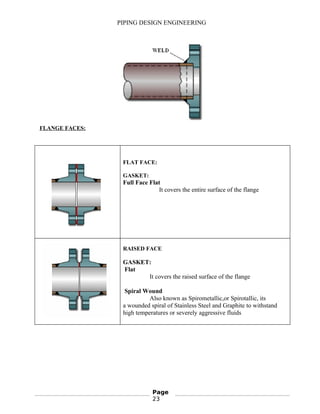 PIPING DESIGN ENGINEERING
FLANGE FACES:
FLAT FACE:
GASKET:
Full Face Flat
It covers the entire surface of the flange
RAISED FACE
GASKET:
Flat
It covers the raised surface of the flange
Spiral Wound
Also known as Spirometallic,or Spirotallic, its
a wounded spiral of Stainless Steel and Graphite to withstand
high temperatures or severely aggressive fluids
Page
23
 