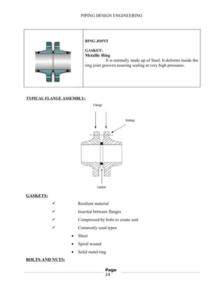 PIPING DESIGN ENGINEERING
RING JOINT
GASKET:
Metallic Ring
It is normally made up of Steel. It deforms inside the
ring joint grooves assuring sealing at very high pressures.
TYPICAL FLANGE ASSEMBLY:
GASKETS:
 Resilient material
 Inserted between flanges
 Compressed by bolts to create seal
 Commonly used types
• Sheet
• Spiral wound
• Solid metal ring
BOLTS AND NUTS:
Page
24
 