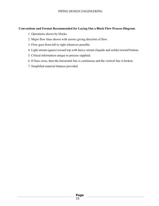 PIPING DESIGN ENGINEERING
Conventions and Format Recommended for Laying Out a Block Flow Process Diagram:
1. Operations shown by blocks.
2. Major flow lines shown with arrows giving direction of flow.
3. Flow goes from left to right whenever possible.
4. Light stream (gases) toward top with heavy stream (liquids and solids) toward bottom.
5. Critical information unique to process supplied.
6. If lines cross, then the horizontal line is continuous and the vertical line is broken.
7. Simplified material balance provided.
Page
33
 