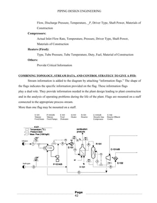 PIPING DESIGN ENGINEERING
Flow, Discharge Pressure, Temperature, _P, Driver Type, Shaft Power, Materials of
Construction
Compressors:
Actual Inlet Flow Rate, Temperature, Pressure, Driver Type, Shaft Power,
Materials of Construction
Heaters (Fired):
Type, Tube Pressure, Tube Temperature, Duty, Fuel, Material of Construction
Others:
Provide Critical Information
COMBINING TOPOLOGY, STREAM DATA, AND CONTROL STRATEGY TO GIVE A PFD:
Stream information is added to the diagram by attaching “information flags.” The shape of
the flags indicates the specific information provided on the flag. These information flags
play a dual role. They provide information needed in the plant design leading to plant construction
and in the analysis of operating problems during the life of the plant. Flags are mounted on a staff
connected to the appropriate process stream.
More than one flag may be mounted on a staff.
Page
42
 