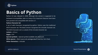 Comprehensive Introduction to Python Programming Basics and Features | PPTX