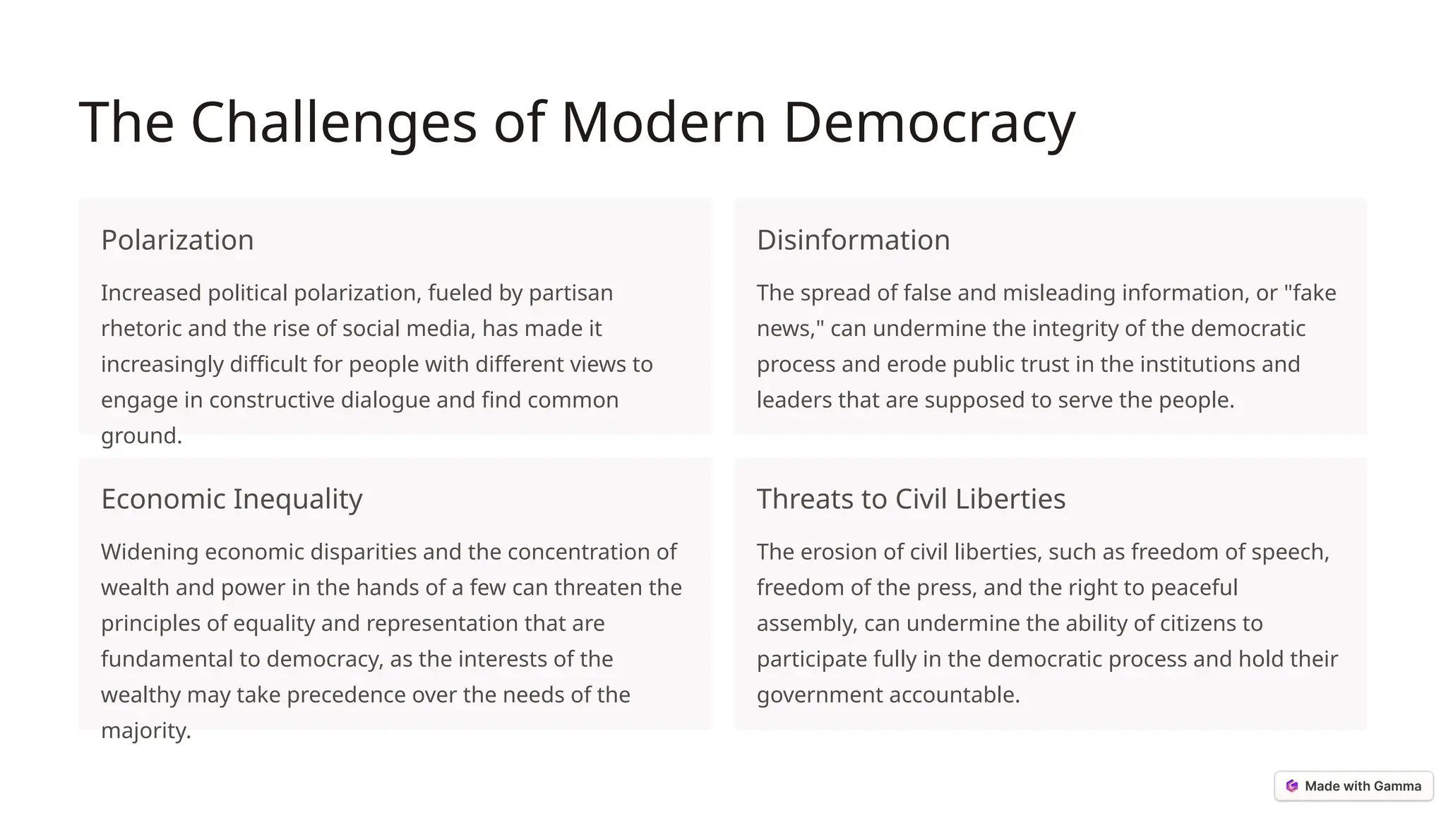 The Challenges of Modern Democracy
Polarization
Increased political polarization, fueled by partisan
rhetoric and the rise of social media, has made it
increasingly difficult for people with different views to
engage in constructive dialogue and find common
ground.
Disinformation
The spread of false and misleading information, or "fake
news," can undermine the integrity of the democratic
process and erode public trust in the institutions and
leaders that are supposed to serve the people.
Economic Inequality
Widening economic disparities and the concentration of
wealth and power in the hands of a few can threaten the
principles of equality and representation that are
fundamental to democracy, as the interests of the
wealthy may take precedence over the needs of the
majority.
Threats to Civil Liberties
The erosion of civil liberties, such as freedom of speech,
freedom of the press, and the right to peaceful
assembly, can undermine the ability of citizens to
participate fully in the democratic process and hold their
government accountable.
 